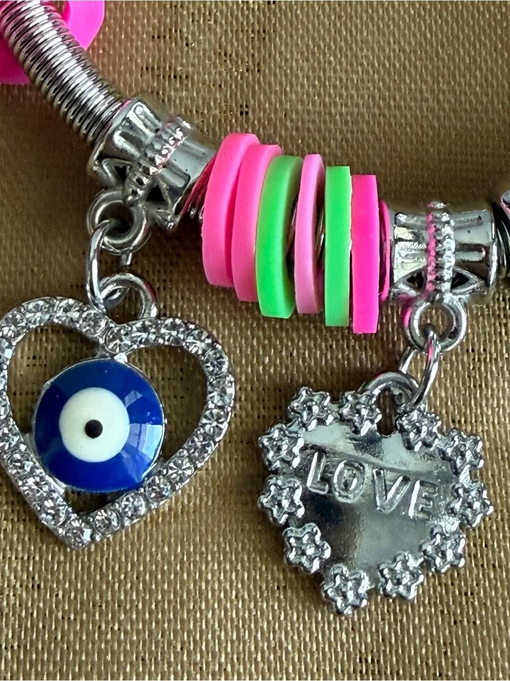 Silver-tone Charm Bangle Bracelet with Neon Beads and 'Love' Charms